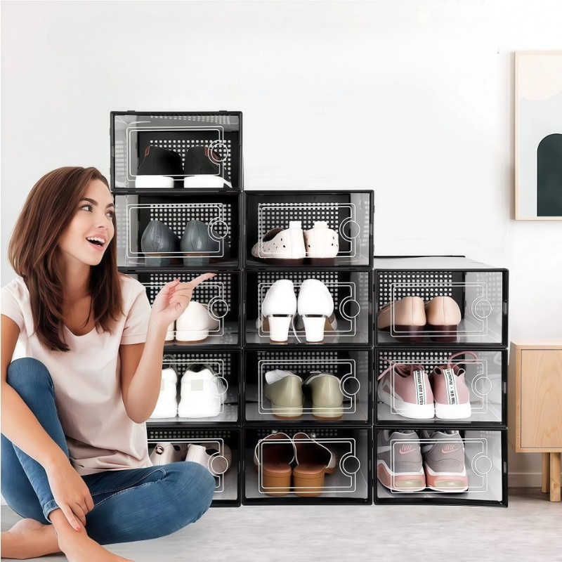 積み重ね可能な靴収納ボックス、前面開閉扉付き透明プラスチック - Sneaker Case のレビューと価格