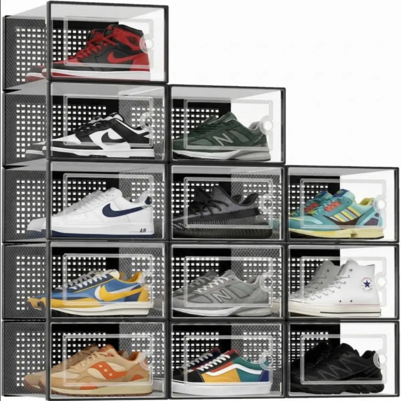 積み重ね可能な靴収納ボックス、前面開閉扉付き透明プラスチック - Sneaker Case のレビューと価格